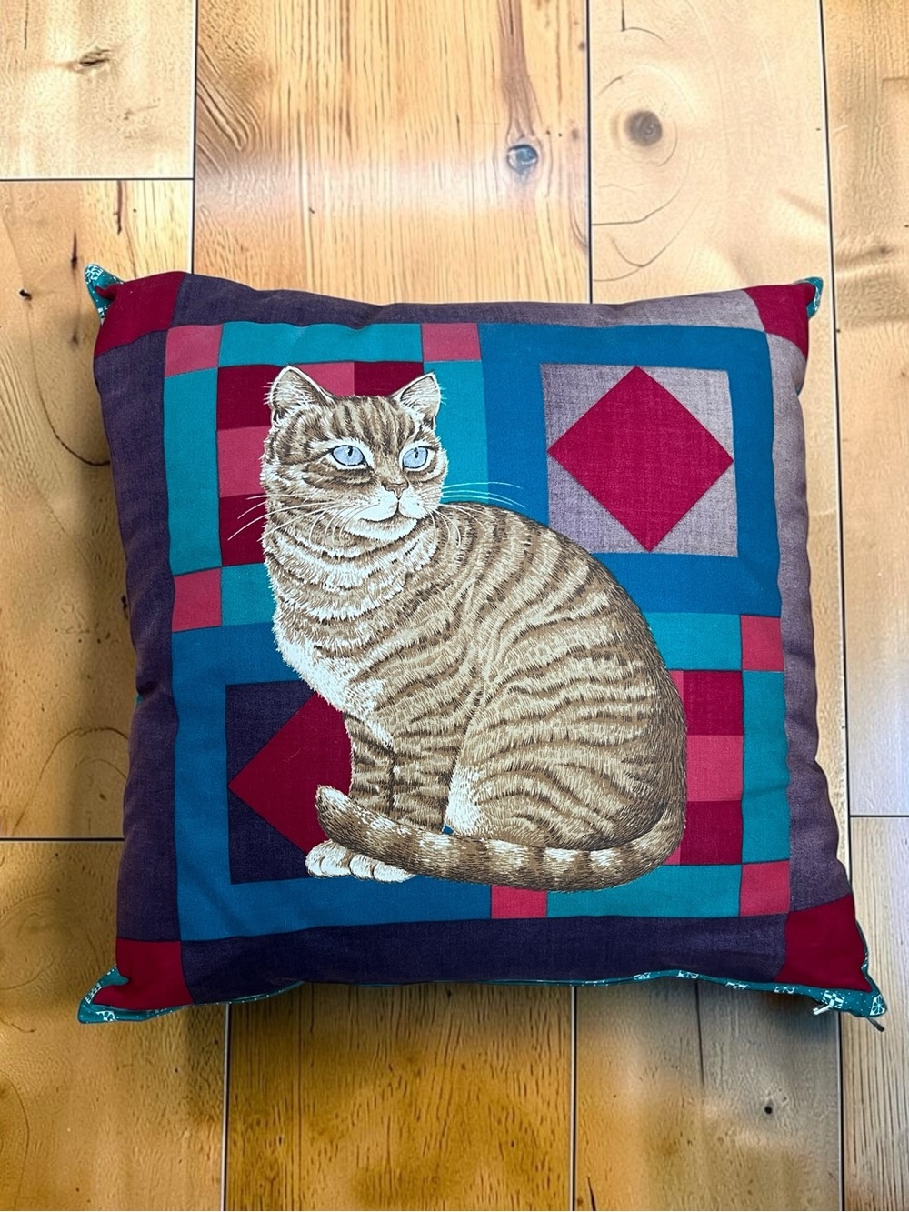 Vintage 90s Cat Throw Pillow Blue Eyed Tabby Patchwork Cottagecore
